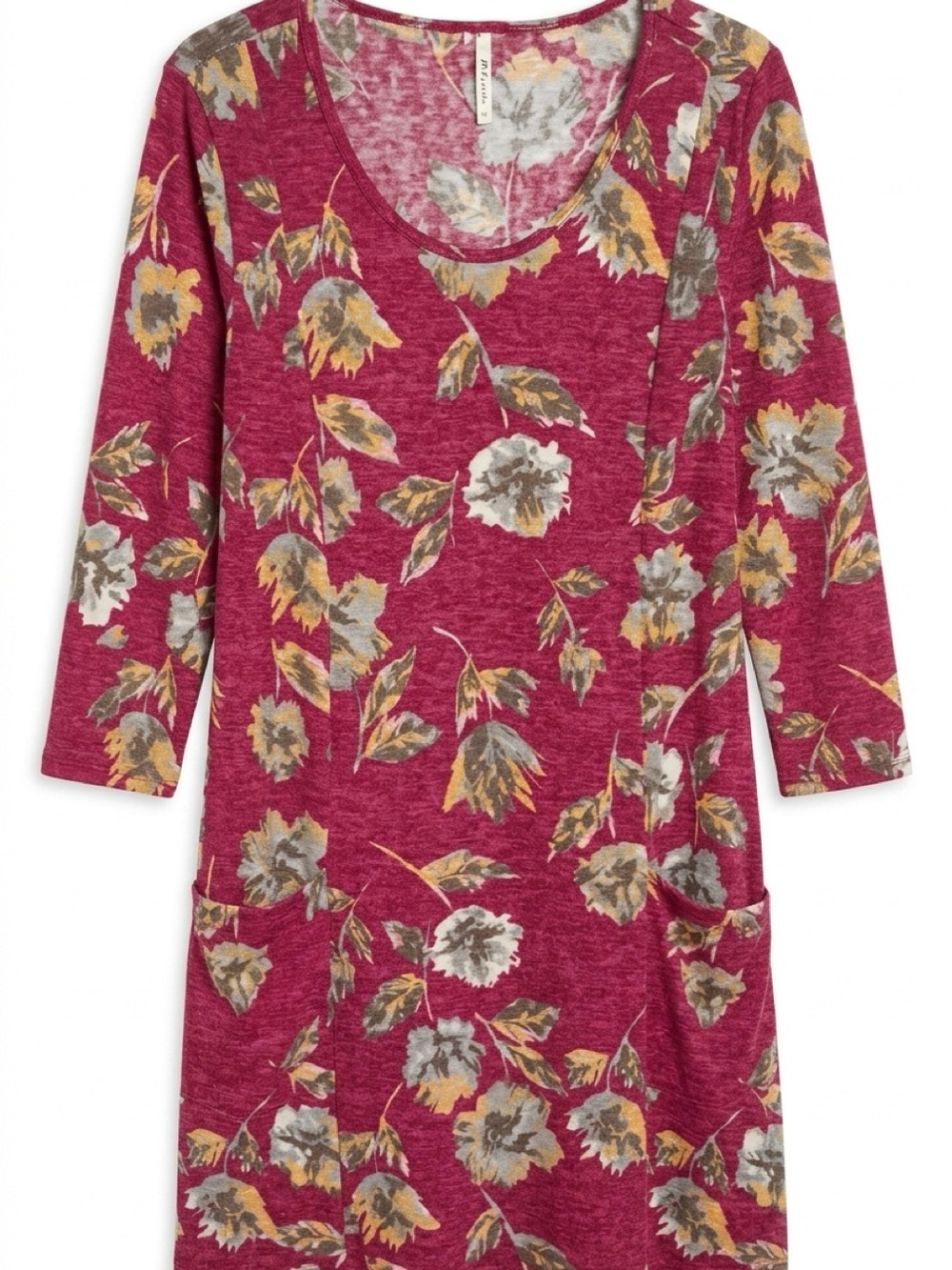 42 Pops Floral Scoop-Neck Long Sleeve Dress in Burgundy pockets 1X